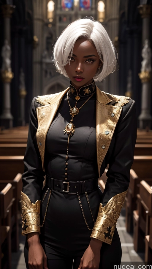 related ai porn images free for Detailed Dark Lighting Victorian White Hair Dark Skin Tanned Skin African Short Hair Gold Jewelry Goth Suit Military Seductive Church Beautiful Tunic Vampire Dark_Fantasy_Style