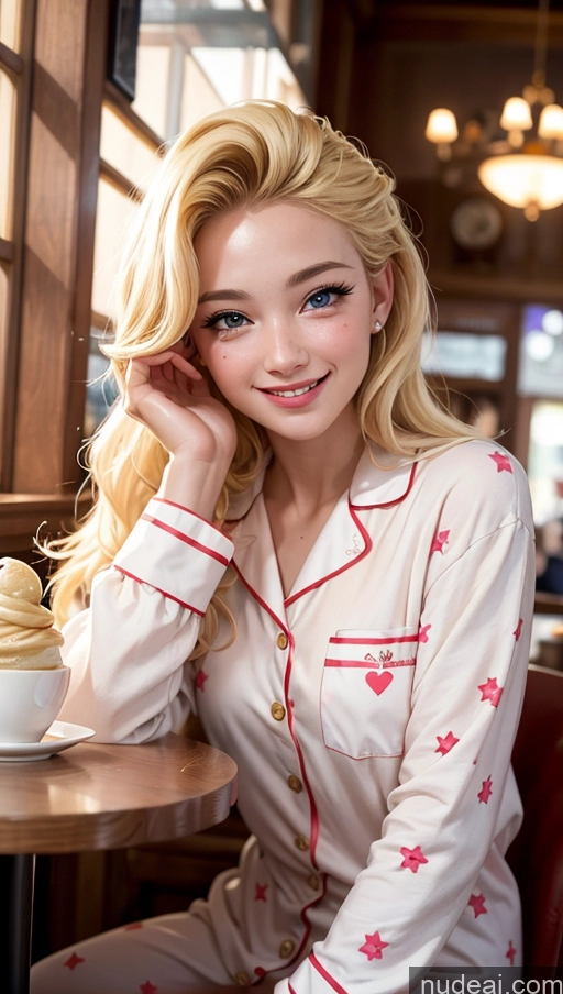 ai nude image of blonde woman in pajamas sitting at a table with a cupcake pics of 18 Happy Blonde Slicked Egyptian Pajamas Cafe