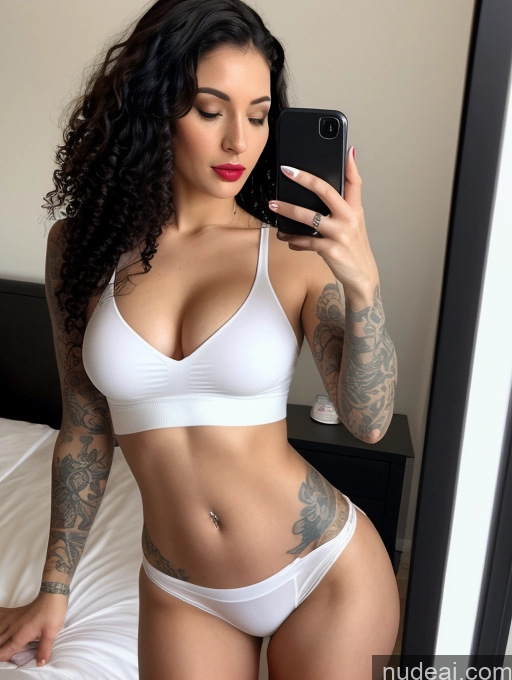 ai nude image of arafed woman in white underwear taking a selfie in a mirror pics of Woman One Beautiful Tattoos Lipstick Curly Hair Fairer Skin 30s Seductive Black Hair Brazilian Mirror Selfie Bedroom Front View Bending Over Crop Top Transparent Simple Sexy Face