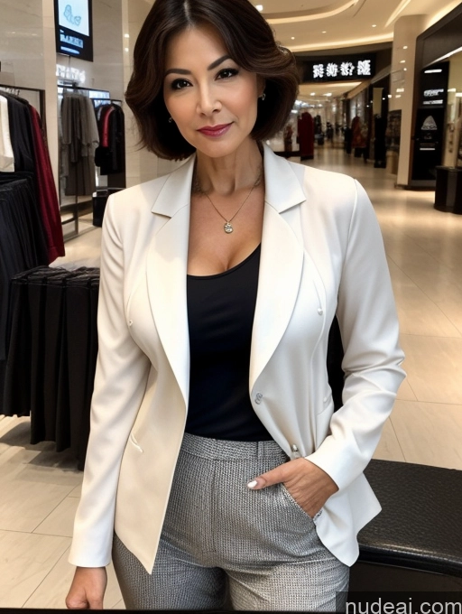 ai nude image of arafed woman in a white jacket and grey pants posing for a picture pics of Milf Perfect Boobs Beautiful Perfect Body 60s Seductive Pixie Chinese Mall Blouse Casual Jacket Professor Secretary Shirt Stylish Suit Cleavage Detailed Sexy Face