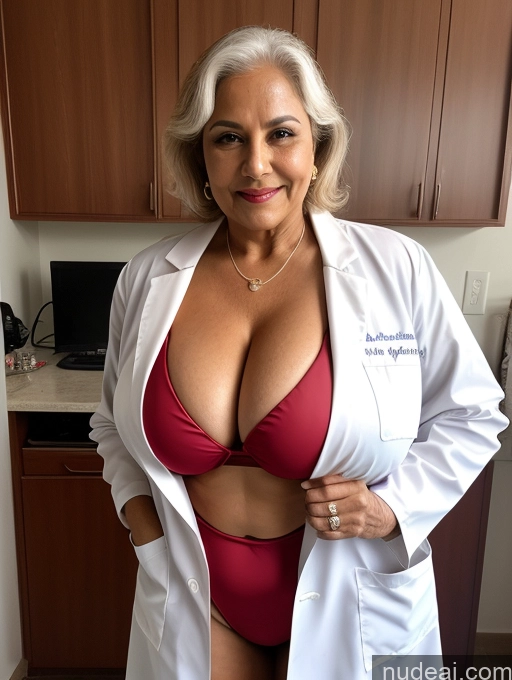 ai nude image of arafed woman in a lab coat posing for a picture pics of Milf One Busty Huge Boobs Thick Tanned Skin 80s Indian Front View Microkini Thong Vampire Lab Coat Doctor