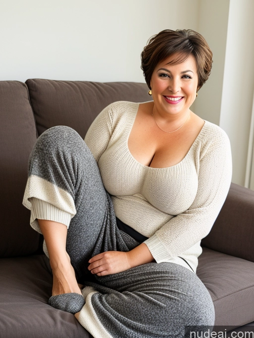 ai nude image of araffe woman sitting on a couch with her legs crossed pics of Woman Busty Big Ass Fat Big Hips Short 60s Brunette Pixie White Front View Sweater Harem Pants Couch Long Skirt Pantyhose Boots Happy