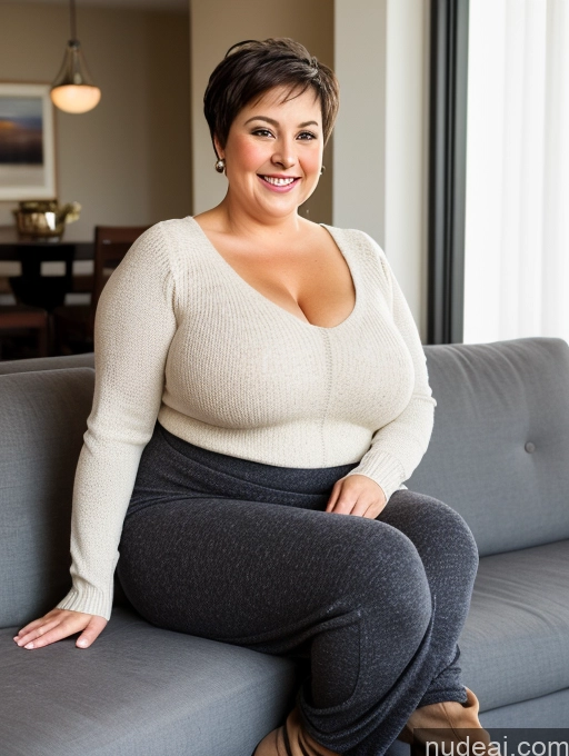 ai nude image of there is a woman sitting on a couch with a smile on her face pics of Woman Busty Big Ass Fat Big Hips Short 60s Brunette Pixie White Front View Sweater Harem Pants Couch Long Skirt Pantyhose Boots Happy