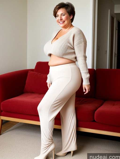 ai nude image of pregnant woman in white pants and sweater posing in front of red couch pics of Woman Busty Big Ass Fat Big Hips Short 60s Brunette Pixie White Front View Sweater Harem Pants Couch Long Skirt Pantyhose Boots Happy