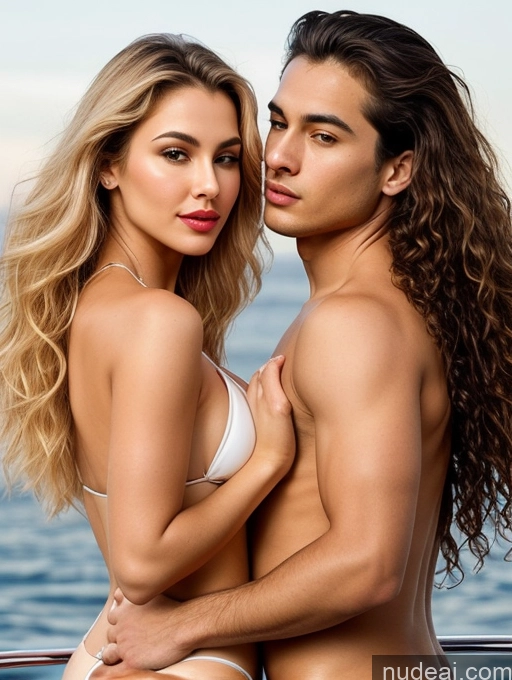 ai nude image of arafed couple posing on a boat in a bikini pics of Woman + Man Perfect Body Perfect Boobs 20s Seductive Happy Sexy Face Pouting Lips Blonde Brazilian Surrealist Yacht T-pose Bikini Partially Nude Gold Jewelry Wine Curly Hair Back View