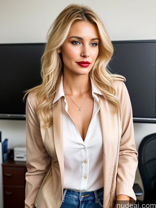 related ai porn images free for Blonde Woman Lipstick Blouse Jeans Jacket Office Messy