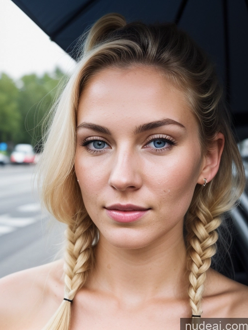 ai nude image of blond woman with braids and a black umbrella on a city street pics of Woman Small Tits Fairer Skin Oiled Body 18 Sexy Face Blonde Pigtails Film Photo Street Front View Cumshot Nude Dark Lighting Detailed Scandinavian