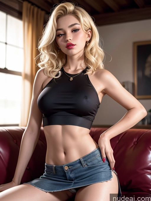 ai nude image of arafed woman in a black top and denim shorts posing on a red couch pics of Woman One Perfect Boobs Small Ass Lipstick 18 Seductive Blonde Curly Hair Brazilian Couch Mini Skirt Spreading Legs Crop Top Micro Skirt Front View