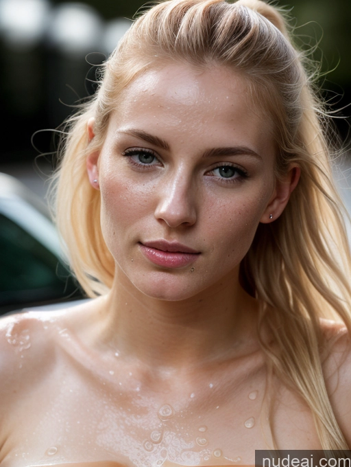 ai nude image of blond woman with wet hair and blue eyes standing in front of a car pics of Woman Small Tits Beautiful Oiled Body Fairer Skin 18 Sexy Face Seductive Blonde Ponytail Soft + Warm Street Cumshot Nude Dark Lighting Irish