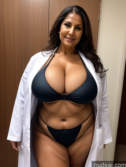 ai nude image of arafed woman in a black bikini and white lab coat pics of Milf One Busty Huge Boobs Tanned Skin Thick Front View Microkini Thong Indian 70s Witch Lab Coat Professor