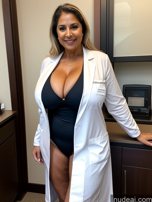 ai nude image of arafed woman in a lab coat posing for a picture pics of Milf One Busty Huge Boobs Tanned Skin Thick Front View Microkini Thong Indian 70s Witch Lab Coat Professor