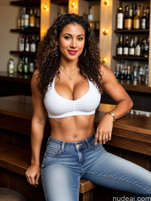 ai nude image of arafed woman in a white bra top sitting on a bar pics of Athlete Perfect Boobs Beautiful Lipstick Big Ass Abs Perfect Body Tanned Skin 20s Sexy Face Brunette Curly Hair Brazilian Bar Jeans Crop Top Western Jewelry