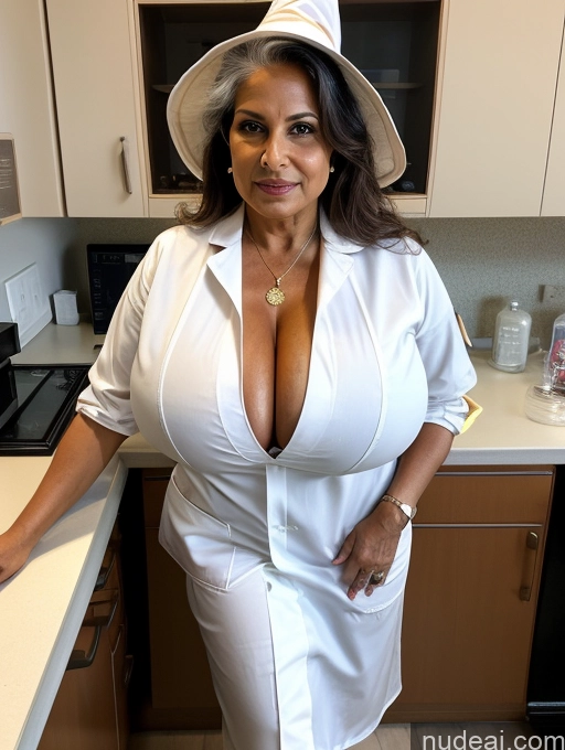 ai nude image of araffe woman in a white dress and hat posing for a picture pics of Milf One Busty Huge Boobs Tanned Skin Thick Front View Thong 70s Indian Lab Coat Professor Witch