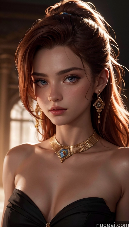 ai nude image of a close up of a woman wearing a black dress and a necklace pics of 18 Slicked Egyptian Close-up View Dress Dark Lighting Ginger