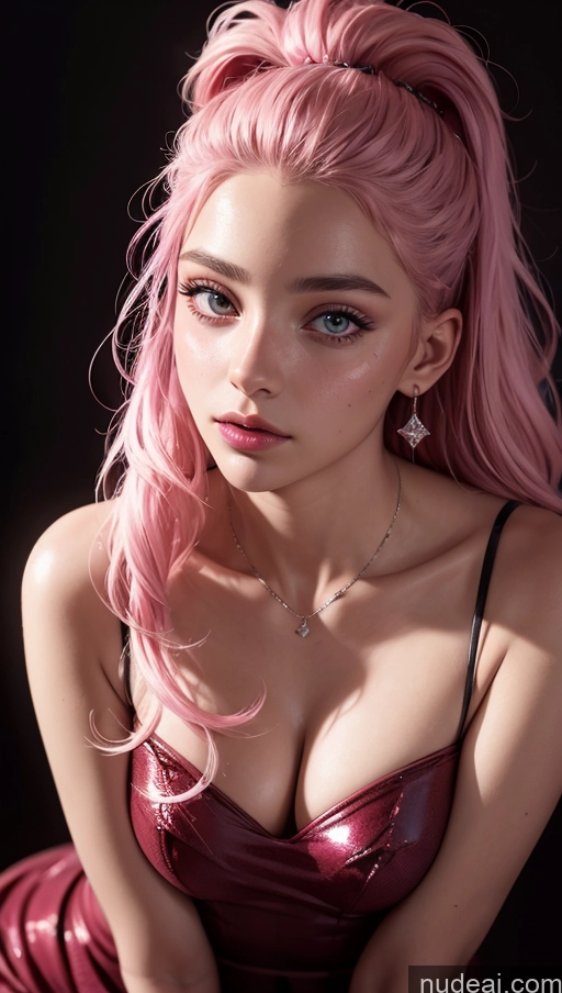 ai nude image of arafed woman with pink hair and a pink dress posing for a picture pics of 18 Slicked Egyptian Close-up View Dress Dark Lighting Pink Hair