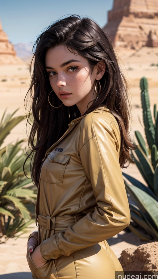 ai nude image of araffe woman in a tan leather jacket and jeans posing for a picture pics of 18 Slicked Egyptian Close-up View Dark Lighting Ginger Desert Jumpsuit