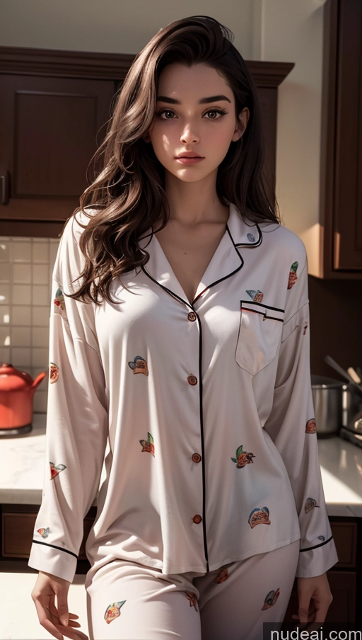 ai nude image of arafed woman in pajamas standing in a kitchen with a pot and pan pics of 18 Slicked Egyptian Brunette Kitchen Dark Lighting Close-up View Pajamas