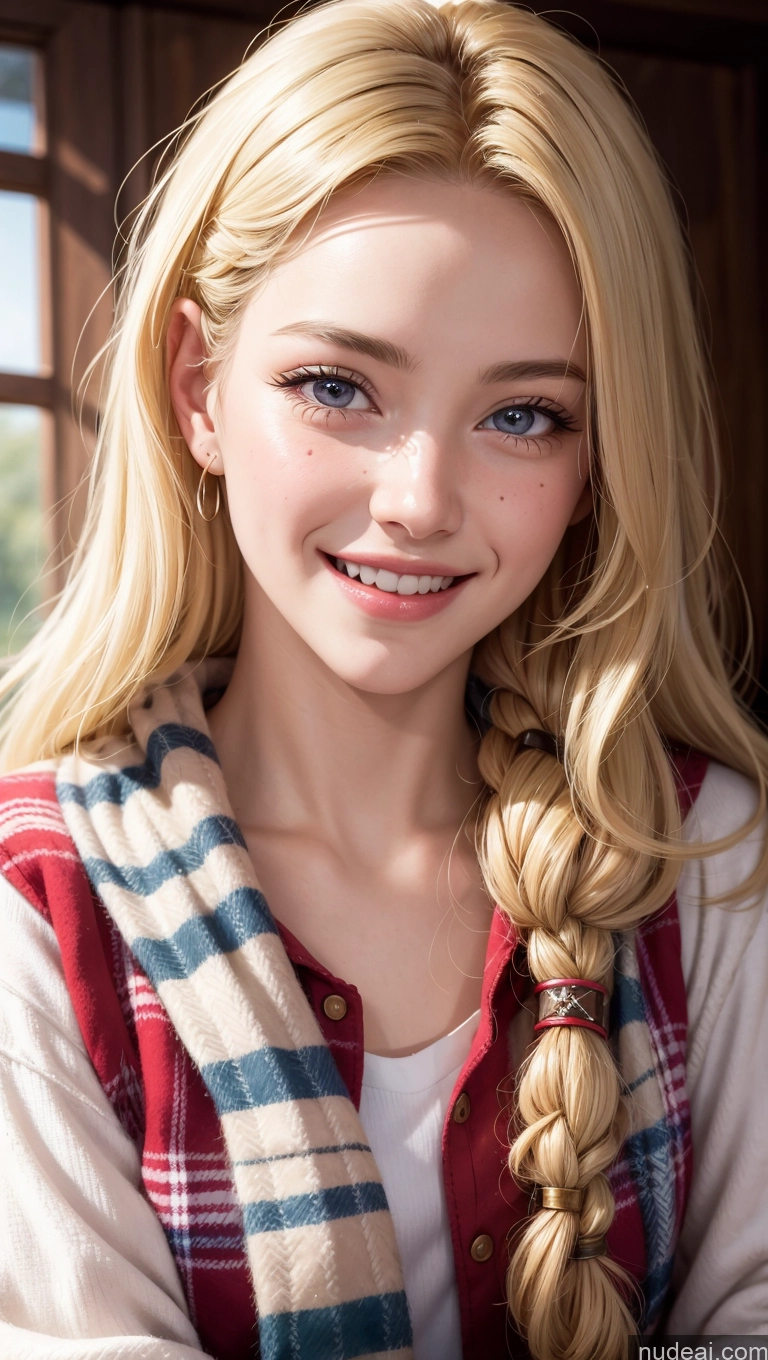 ai nude image of blonde haired girl with braid hair and plaid vest smiling pics of 18 Happy Blonde Slicked Egyptian Lumberjack Close-up View