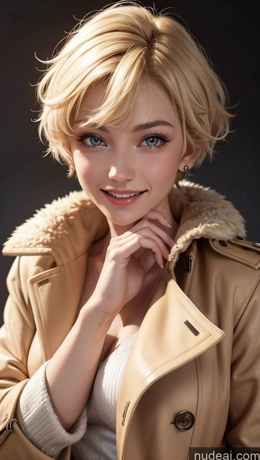 ai nude image of blond woman with blue eyes posing for a picture in a tan coat pics of 18 Happy Blonde Short Hair Egyptian Fur Trench Coat