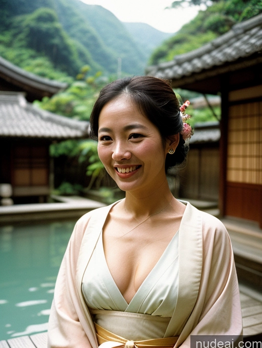 related ai porn images free for Woman Small Tits Skinny 40s Indonesian Film Photo Front View Bright Lighting Happy Kimono Cleavage Onsen