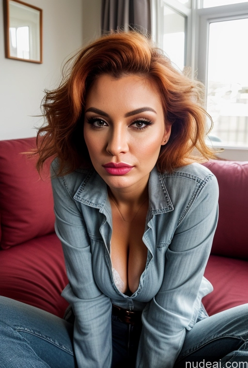 related ai porn images free for Woman Perfect Boobs 30s Sexy Face Ginger White Detailed Pouting Lips Messy Couch Close-up View Blouse Jeans Jacket