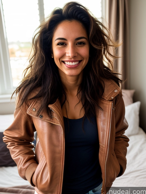 ai nude image of smiling woman in leather jacket standing in front of a bed pics of Woman 20s Small Tits Skinny Pubic Hair Sexy Face Happy Native American Jacket Leather Messy