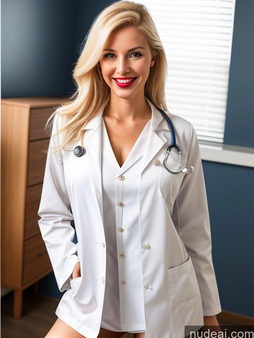 ai nude image of blond woman in white lab coat posing for a picture pics of Woman One Perfect Boobs Lipstick Big Ass Long Legs Blonde Laughing 20s German Long Hair Doctor Spreading Legs