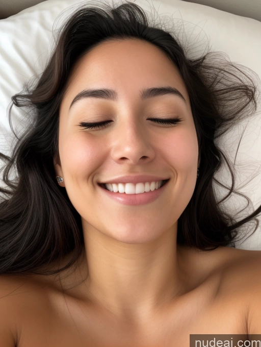 ai nude image of smiling woman laying in bed with eyes closed and eyes closed pics of Woman Two 18 Happy Orgasm Black Hair Long Hair French Front View Sleeping Nude