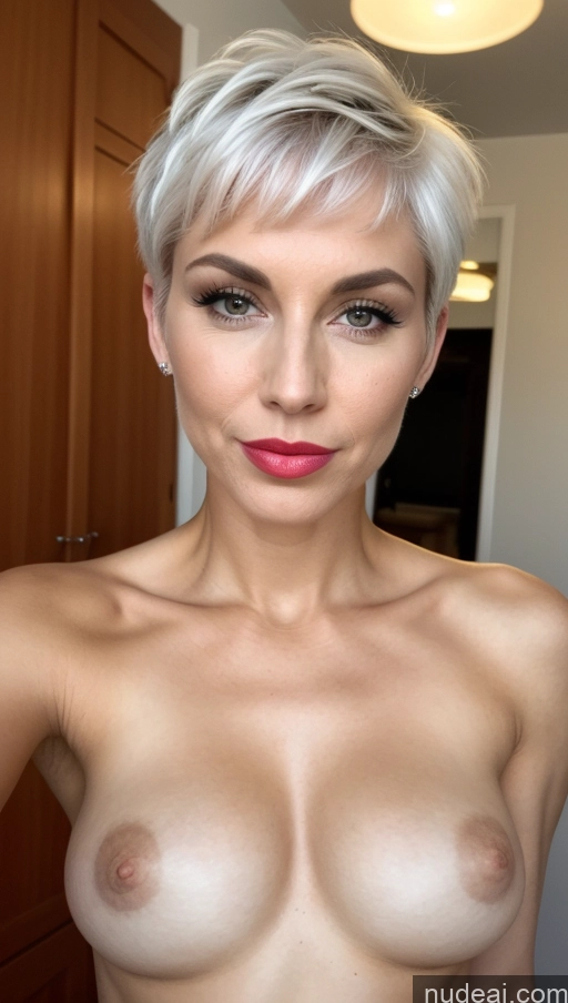 ai nude image of a close up of a woman with a very big breast posing for a picture pics of Milf One Small Tits Lipstick Big Ass Long Legs Tall Perfect Body Pubic Hair 30s Pouting Lips White Hair Pixie