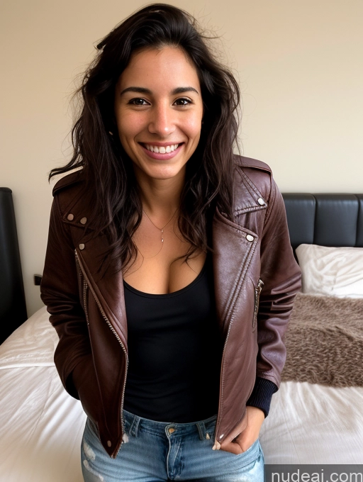 ai nude image of smiling woman in black shirt and brown leather jacket standing on a bed pics of Woman One Small Tits Skinny Pubic Hair 20s Happy Messy Native American Leather Jacket