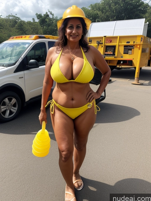 ai nude image of arafed woman in a yellow bikini and hard hat walking in a parking lot pics of Milf One Busty Huge Boobs Tanned Skin Thick 60s Indian Front View Maid Microkini Thong Construction Worker Witch