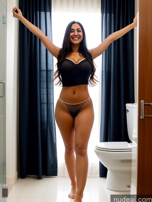 ai nude image of araffe woman in a black top and panties standing in a bathroom pics of Woman One Perfect Boobs 30s Happy Long Hair Indian Dark Fantasy Bathroom Front View T-pose Transparent Blouse