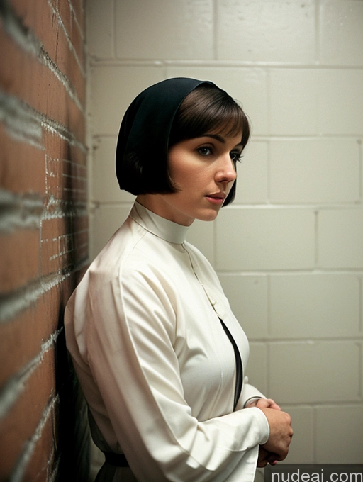 ai nude image of woman in white shirt and black tie leaning against brick wall pics of Woman One 30s Brunette Short Hair French Film Photo Front View Prison Nun