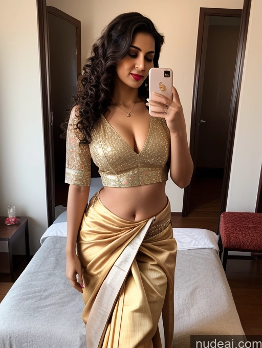 ai nude image of araffed woman in a sari taking a selfie in a mirror pics of Woman One Small Tits Lipstick Big Hips 20s Seductive Brunette Curly Hair Indian Mirror Selfie Bedroom Blouse Crop Top Sari