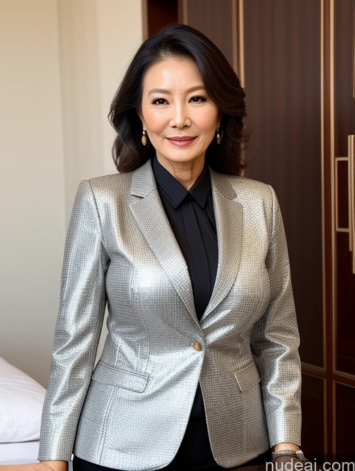 ai nude image of arafed woman in a silver jacket and black shirt standing in a hotel room pics of Perfect Boobs Beautiful Perfect Body 70s Chinese Blouse Bra Jacket Professor Stylish Suit Detailed Cleavage Milf