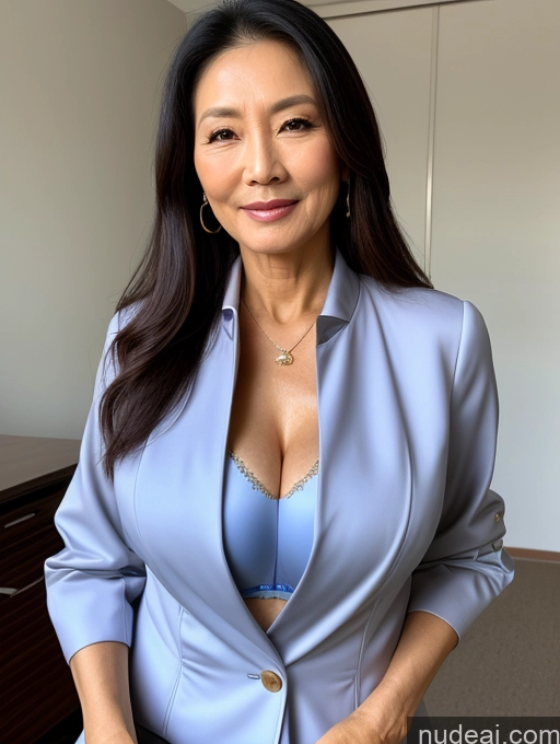 ai nude image of arafed woman in a blue suit posing for a picture pics of Woman Perfect Boobs Beautiful Perfect Body 70s Chinese Blouse Bra Jacket Professor Stylish Suit Detailed Cleavage