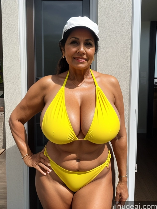 ai nude image of araffe woman in a yellow bikini posing for a picture pics of Milf One Busty Huge Boobs Thick Tanned Skin 70s Front View Microkini Thong Indian Construction Worker Maid