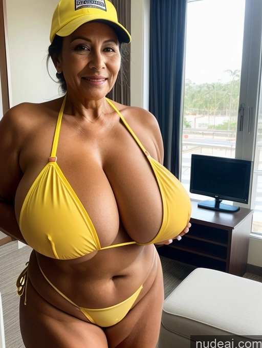 ai nude image of arafed woman in a yellow bikini and a yellow hat pics of Milf One Busty Huge Boobs Thick Tanned Skin 70s Brazilian Front View Microkini Thong Maid Construction Worker