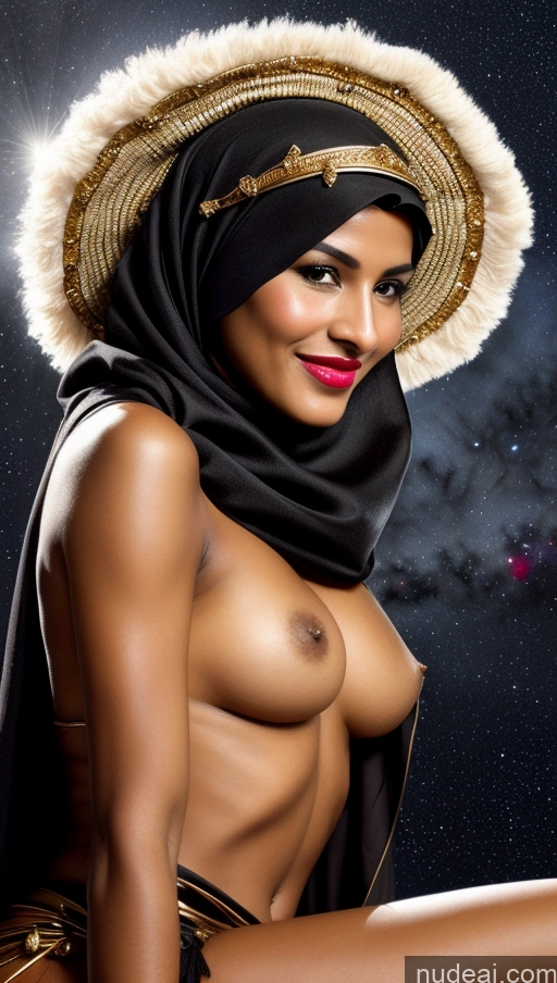 ai nude image of arafed woman in a black and gold outfit with a hat and scarf pics of Milf One Small Tits Lipstick Perfect Body Pubic Hair Beautiful 30s Happy Brunette Black Close-up View High Heels Leather Niqab Tribal Traditional Gold Jewelry Dark Lighting Detailed Stargazing Dark Skin