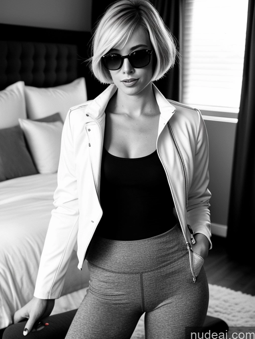 related ai porn images free for Woman 20s Seductive Blonde Short Hair Asian Black And White Bedroom Front View Spreading Legs Boots Jacket Yoga Pants Bright Lighting Sunglasses