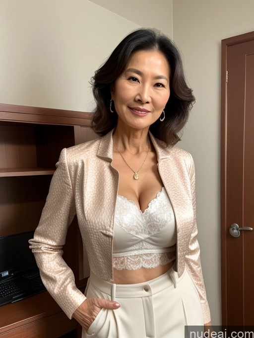 ai nude image of there is a woman in a white top and a jacket pics of Perfect Boobs Beautiful Perfect Body 70s Chinese Blouse Bra Jacket Professor Stylish Suit Cleavage Detailed Milf