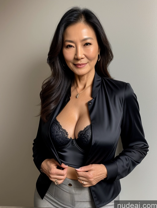 ai nude image of arafed asian woman in a black jacket and grey skirt pics of Woman Perfect Boobs Beautiful Perfect Body 70s Chinese Blouse Bra Jacket Professor Stylish Suit Cleavage Detailed Dark Lighting