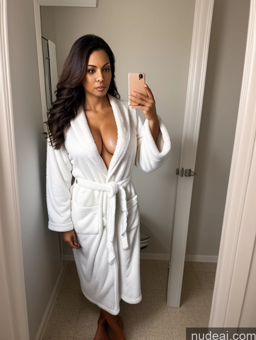 related ai porn images free for Woman One Perfect Boobs Dark Skin Big Ass 30s Serious Brunette Long Hair Brazilian Mirror Selfie Bathroom Close-up View T-pose Bathrobe Bright Lighting Detailed