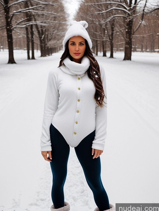 ai nude image of araffe dressed in a white outfit and a white hat standing in the snow pics of Woman One Perfect Body Brunette Long Hair White Film Photo Snow Onesie Scarf Yoga Pants 20s