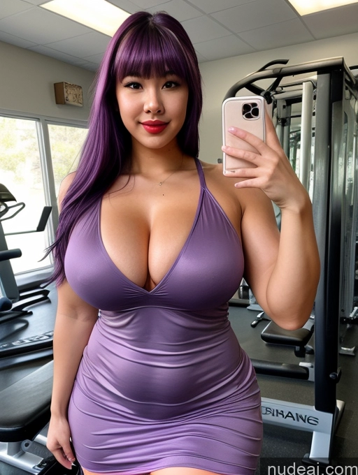 ai nude image of arafed woman in a purple dress taking a selfie in a gym pics of Woman Huge Boobs Big Hips Abs Big Ass Lipstick Beautiful 18 Sexy Face Purple Hair Bangs Korean Gym Nightgown Thick Perfect Body Muscular