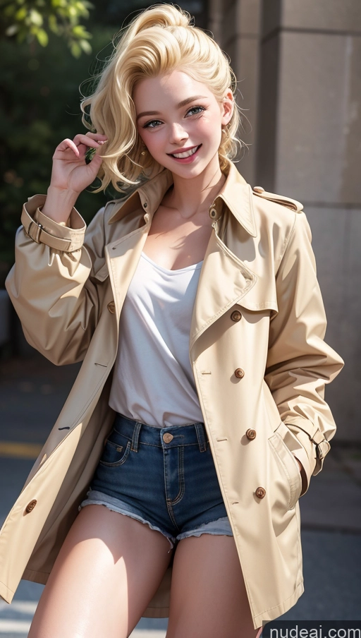 ai nude image of blonde woman in a trench coat posing for a picture pics of 18 Happy Blonde Slicked Trench Coat Short Shorts