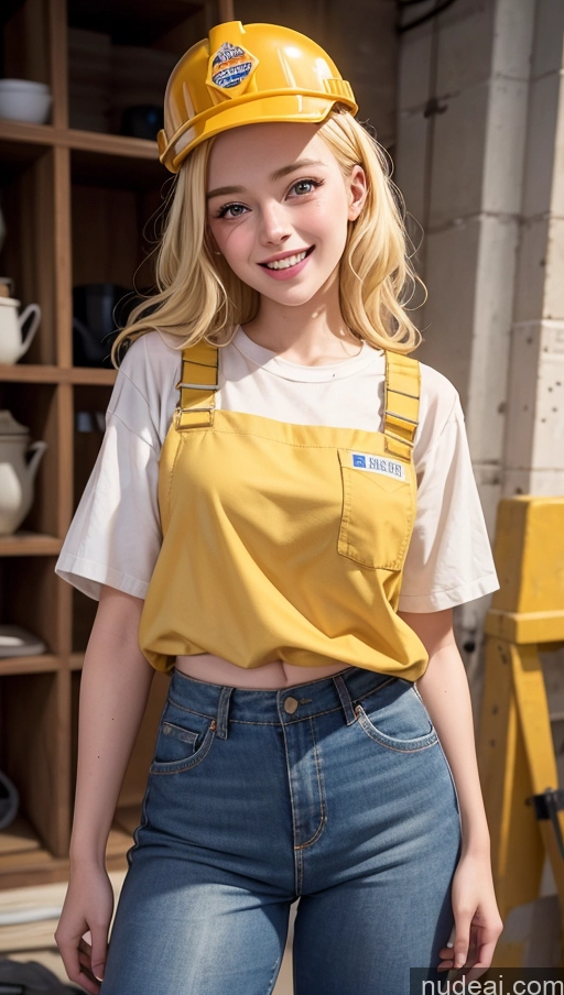 ai nude image of arafed woman in a yellow hard hat and overalls posing for a picture pics of 18 Happy Blonde Slicked Construction Worker