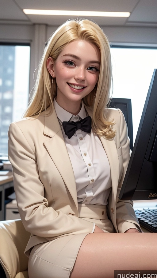 ai nude image of blonde woman in a suit sitting in front of a computer pics of 18 Happy Blonde Slicked Suit Office