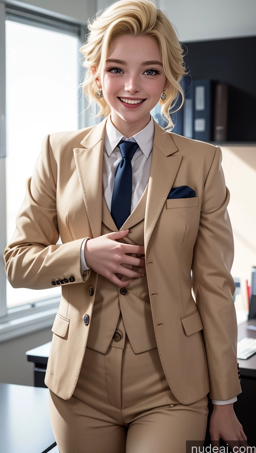 ai nude image of blonde woman in tan suit and tie standing in office with window pics of 18 Happy Blonde Slicked Suit Office