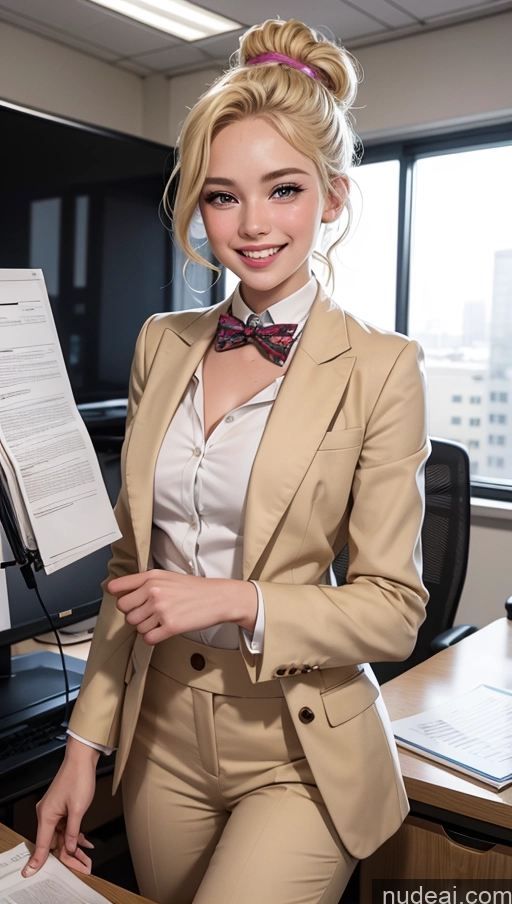 ai nude image of blonde woman in tan suit and bow tie holding sheet of paper pics of 18 Happy Blonde Suit Office Hair Bun